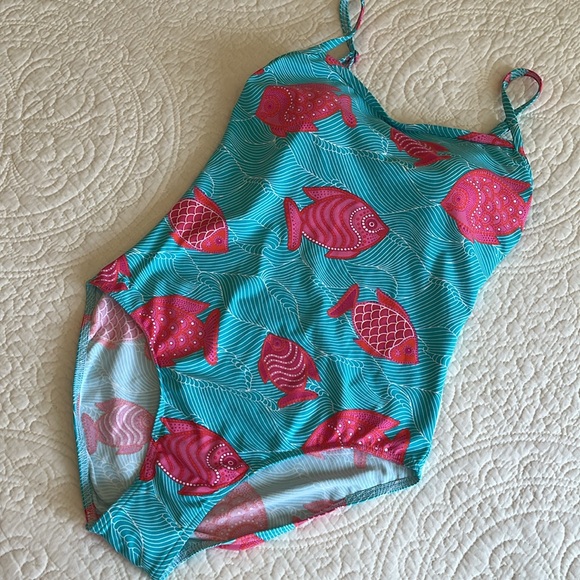 NWOT Manuel Canovas Swimsuit Women 10/12 Bathing Turquoise Pink Fish Print Beach - Picture 8 of 13